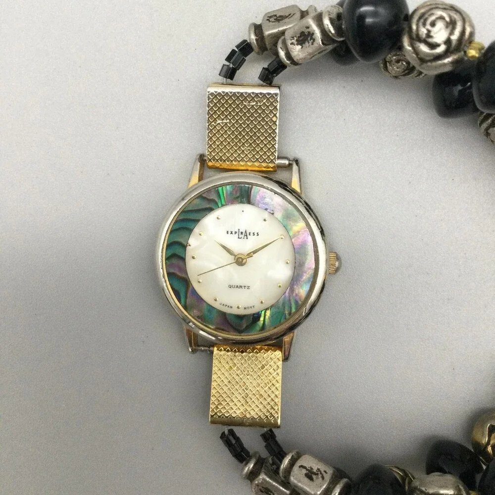 Express Womens Watch 27mm GMOP Abalone Black Bead Bracelet New Battery 8